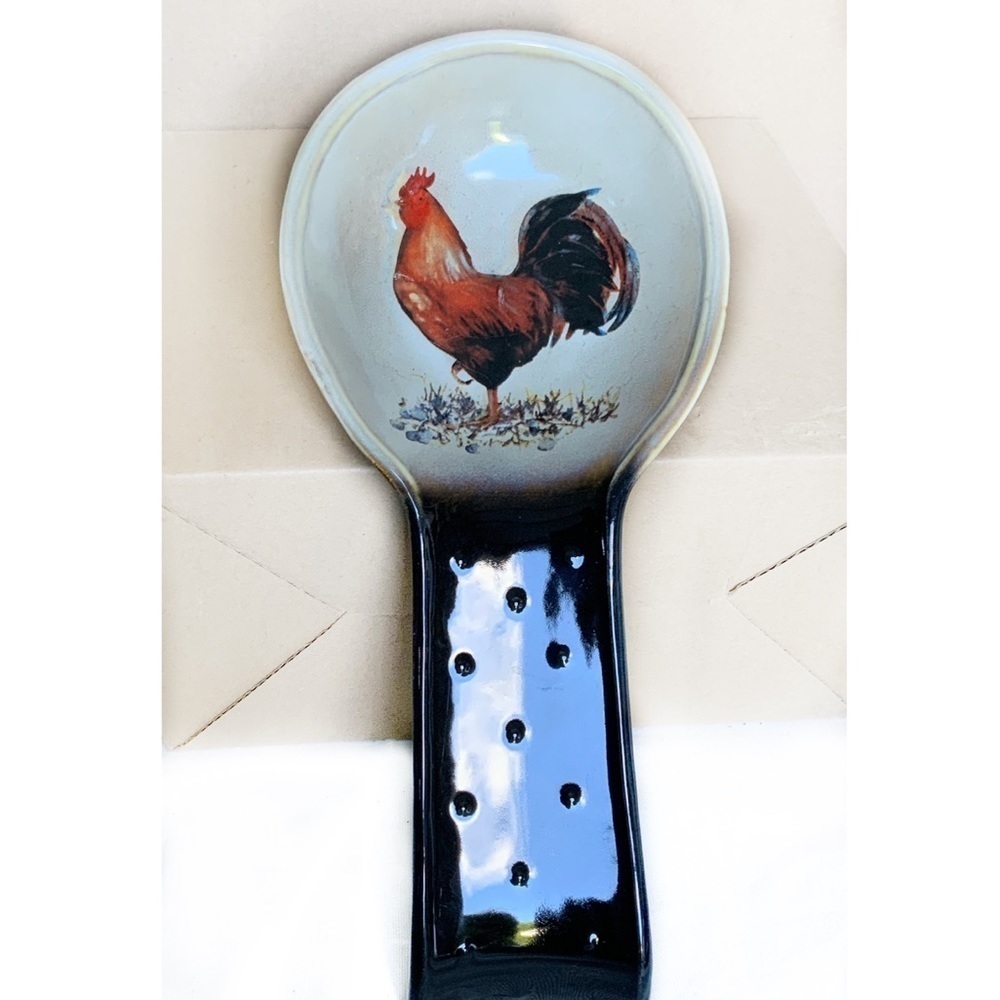 Rooster Spoon Rest Artisan Rustic Glazed Ceramic NEW
